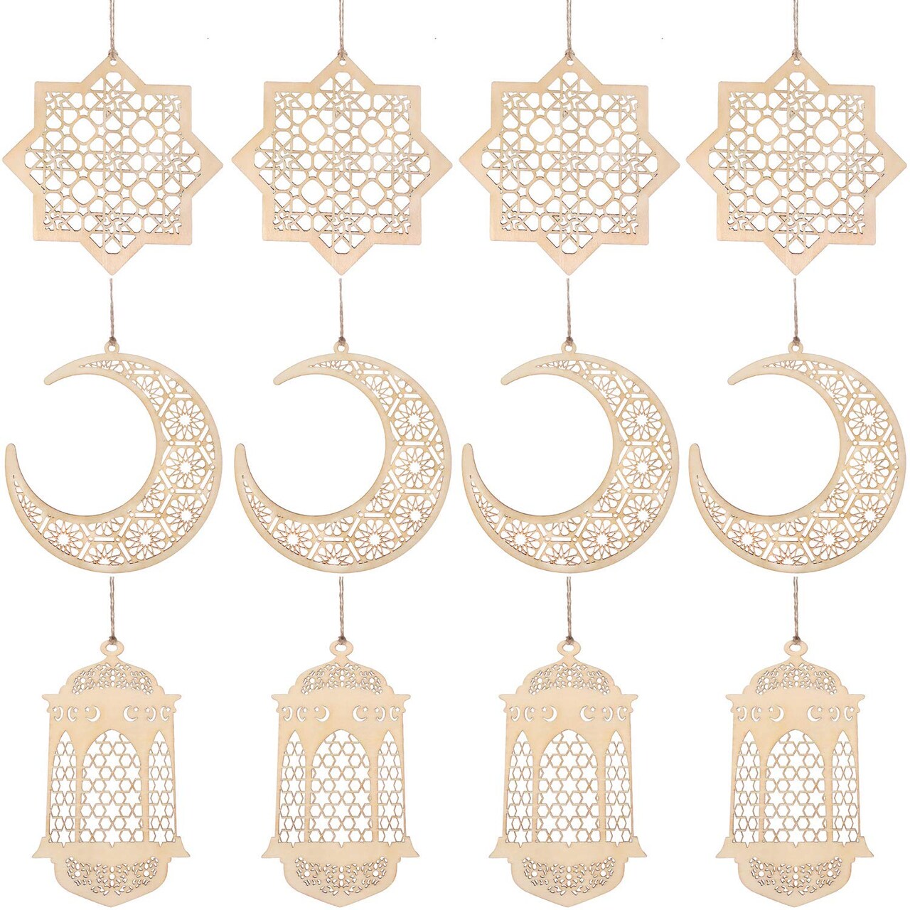 12 Pcs Ramadan Wooden Ornaments Eid Mubarak Hanging Hollow Pendant Ramadan Party Wall Decorations Moon Star Lantern Shape Ornament for Muslim Islam Festive Home Table Decoration